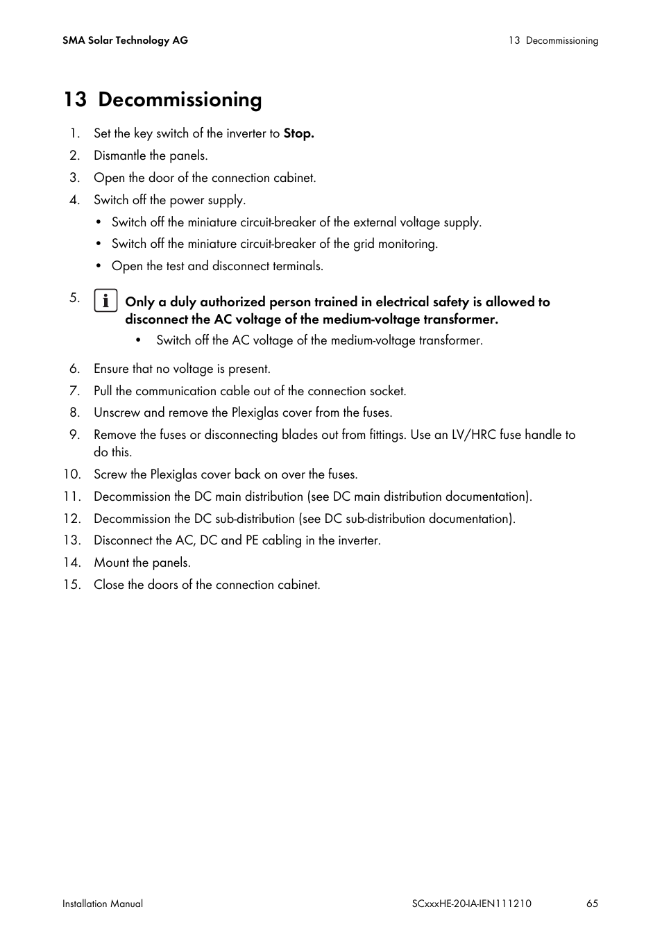 13 decommissioning, Decommissioning | SMA SC 500HE-20 Installation User Manual | Page 65 / 76