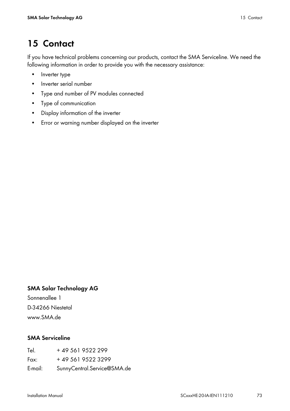 15 contact, Contact | SMA SC 500HE-20 Installation User Manual | Page 73 / 76