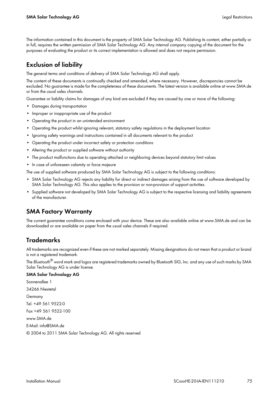 Exclusion of liability, Sma factory warranty, Trademarks | SMA SC 500HE-20 Installation User Manual | Page 75 / 76