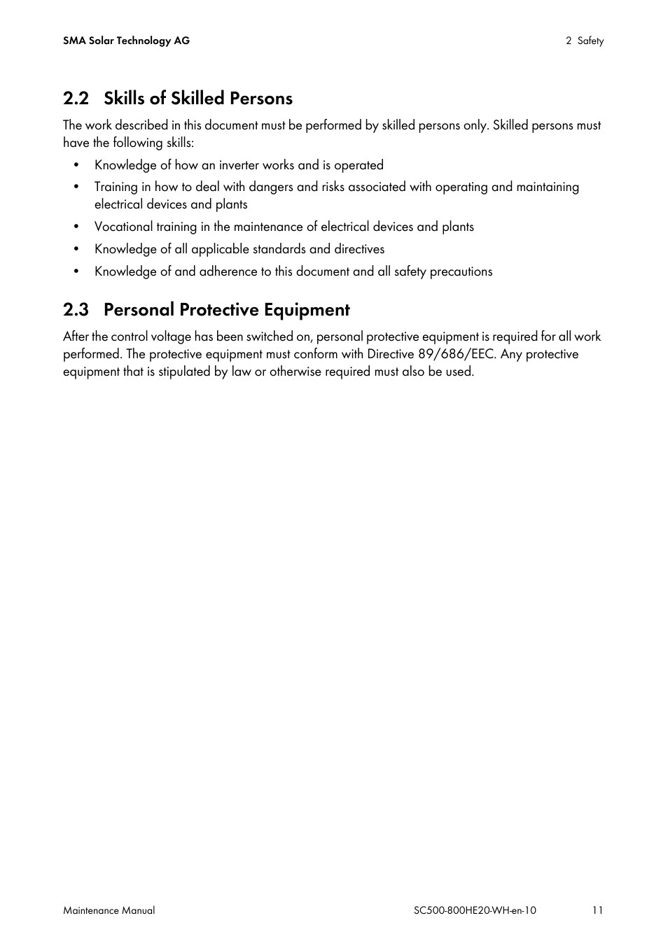 2 skills of skilled persons, 3 personal protective equipment | SMA SC 500HE-20 Maintenance Manua User Manual | Page 11 / 60