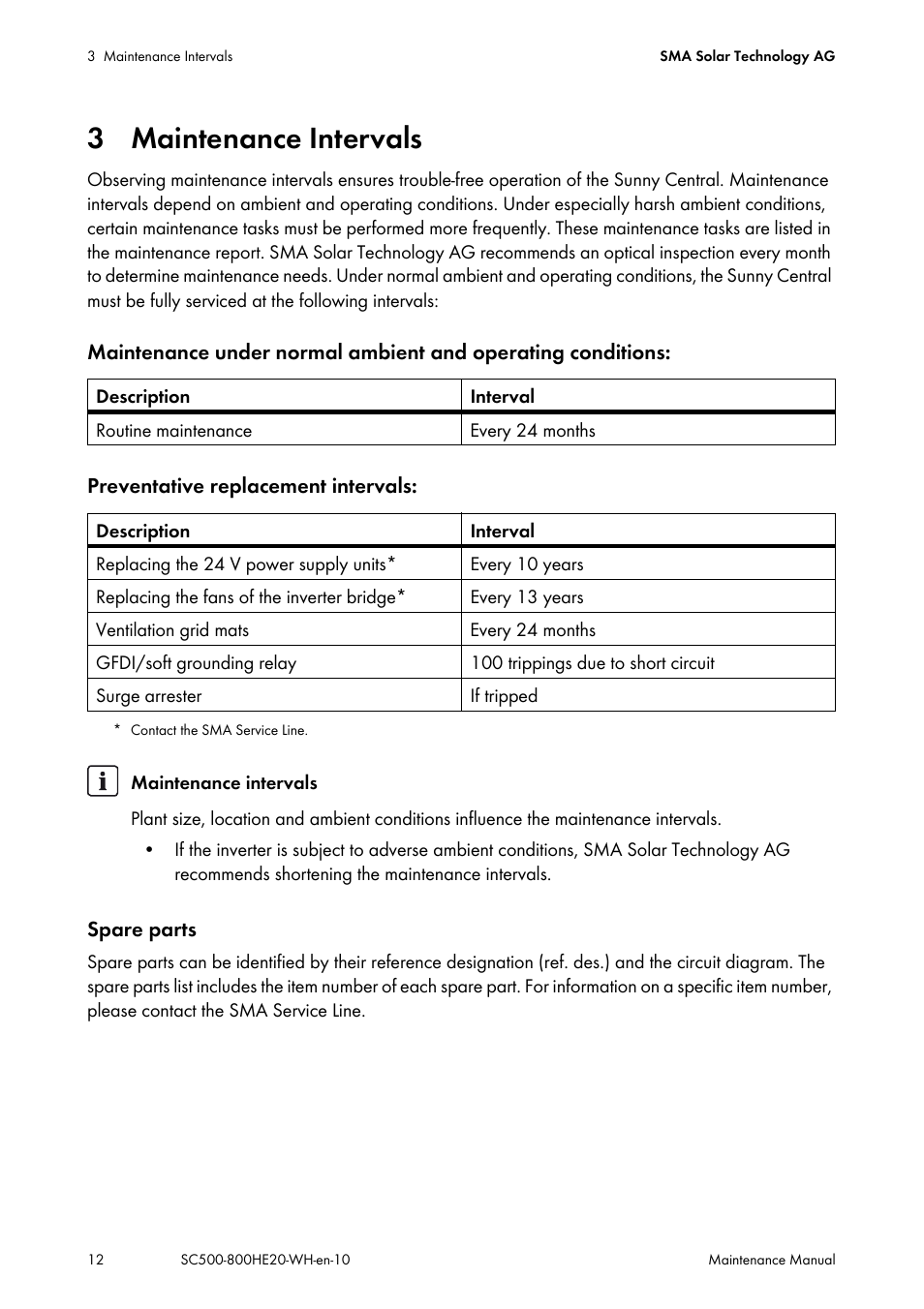 3 maintenance intervals | SMA SC 500HE-20 Maintenance Manua User Manual | Page 12 / 60