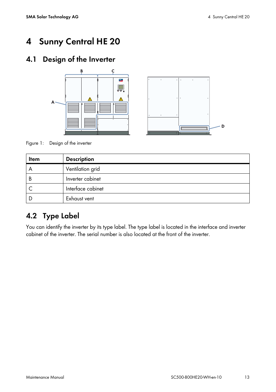 4 sunny central he-20, 1 design of the inverter, 2 type label | 4 sunny central he - 20, 1 design of the inverter 4.2 type label | SMA SC 500HE-20 Maintenance Manua User Manual | Page 13 / 60