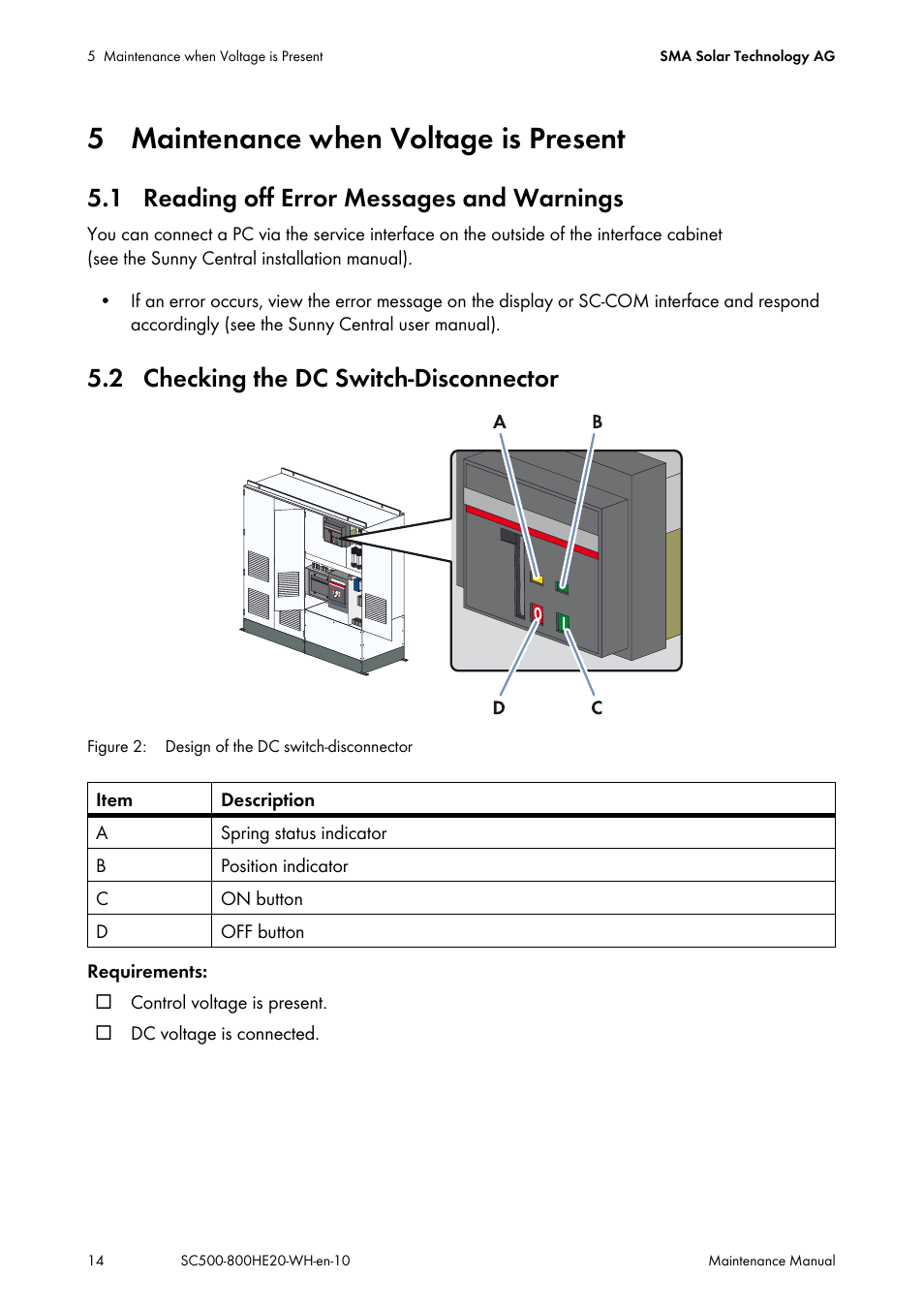 5 maintenance when voltage is present, 1 reading off error messages and warnings, 2 checking the dc switch-disconnector | SMA SC 500HE-20 Maintenance Manua User Manual | Page 14 / 60