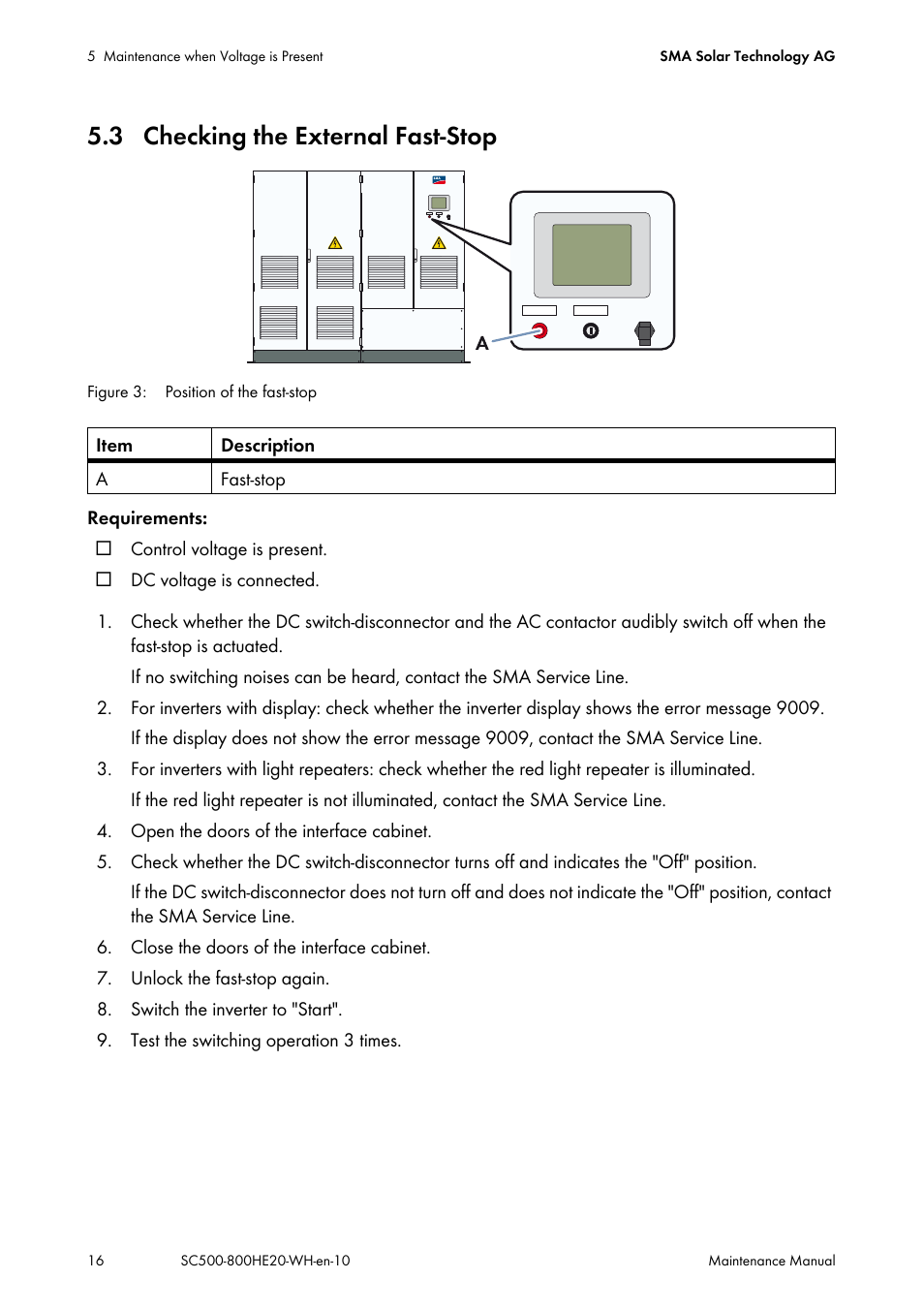 3 checking the external fast-stop | SMA SC 500HE-20 Maintenance Manua User Manual | Page 16 / 60