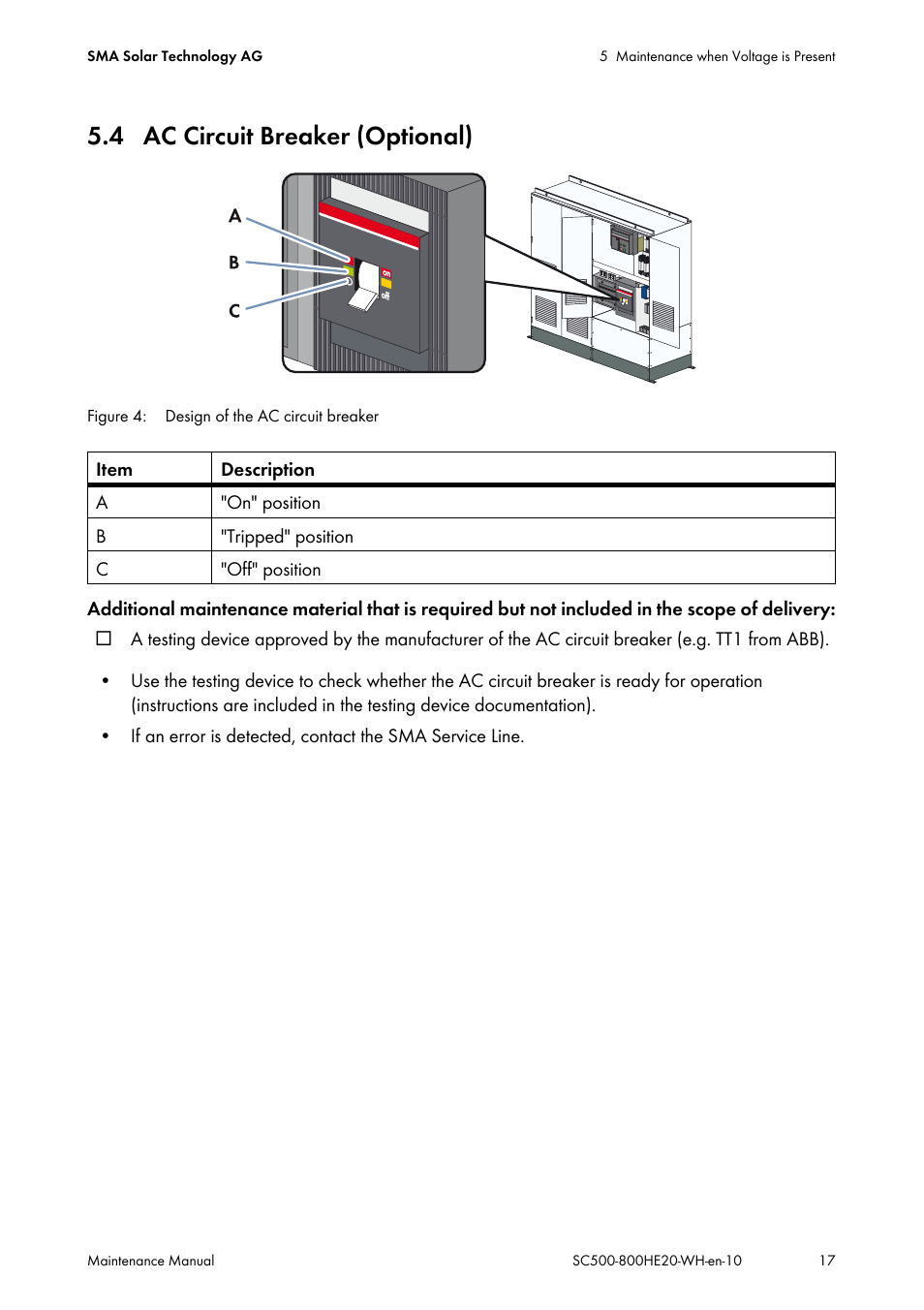 4 ac circuit breaker (optional) | SMA SC 500HE-20 Maintenance Manua User Manual | Page 17 / 60