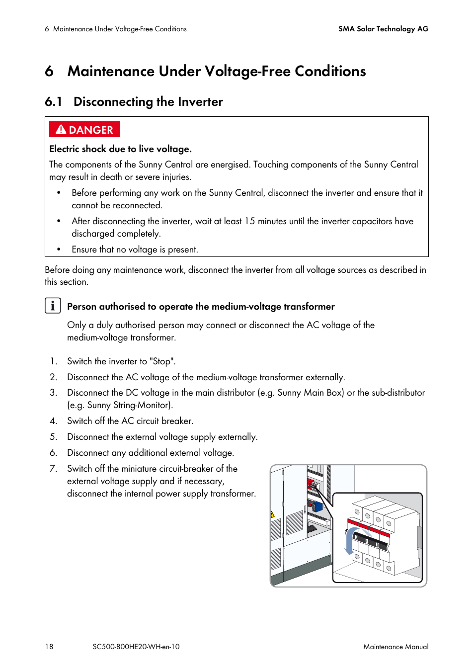 6 maintenance under voltage-free conditions, 1 disconnecting the inverter | SMA SC 500HE-20 Maintenance Manua User Manual | Page 18 / 60