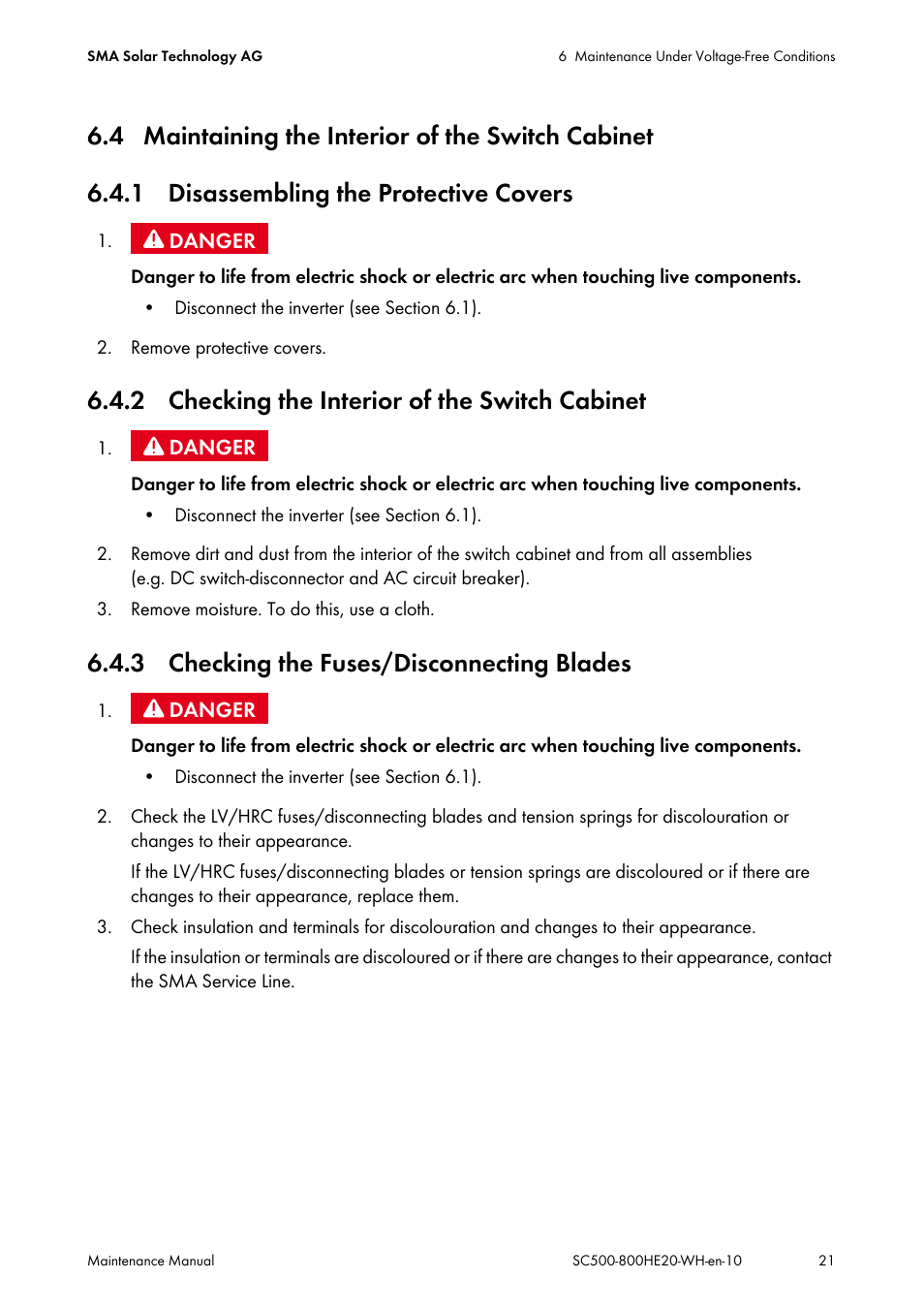 4 maintaining the interior of the switch cabinet, 1 disassembling the protective covers, 2 checking the interior of the switch cabinet | 3 checking the fuses/disconnecting blades | SMA SC 500HE-20 Maintenance Manua User Manual | Page 21 / 60