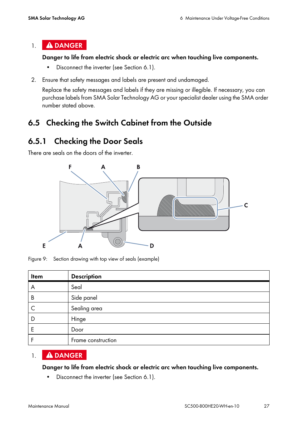 5 checking the switch cabinet from the outside, 1 checking the door seals | SMA SC 500HE-20 Maintenance Manua User Manual | Page 27 / 60