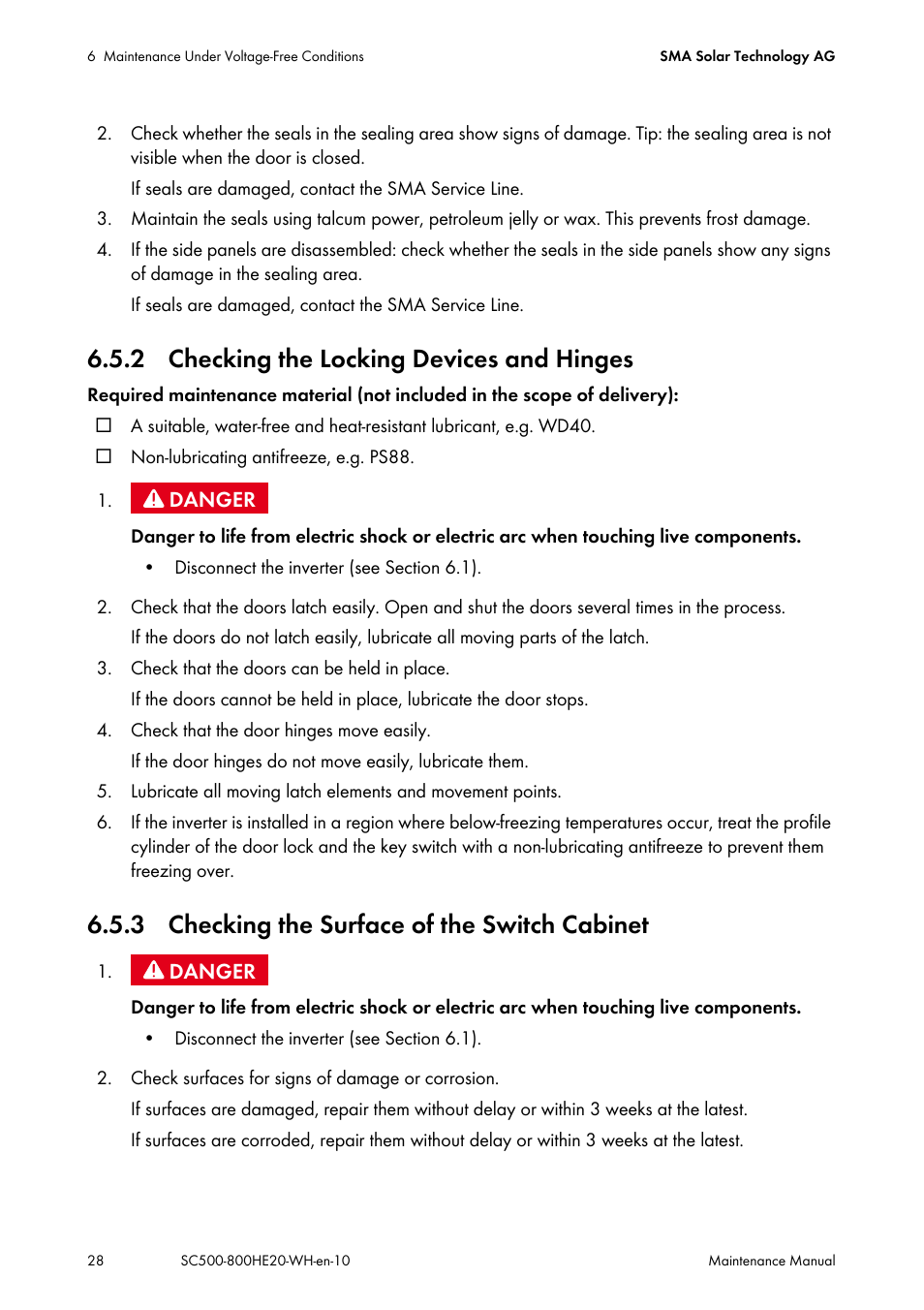 2 checking the locking devices and hinges, 3 checking the surface of the switch cabinet | SMA SC 500HE-20 Maintenance Manua User Manual | Page 28 / 60