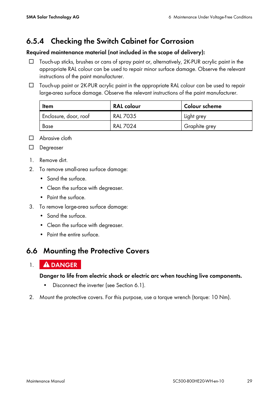 4 checking the switch cabinet for corrosion, 6 mounting the protective covers | SMA SC 500HE-20 Maintenance Manua User Manual | Page 29 / 60