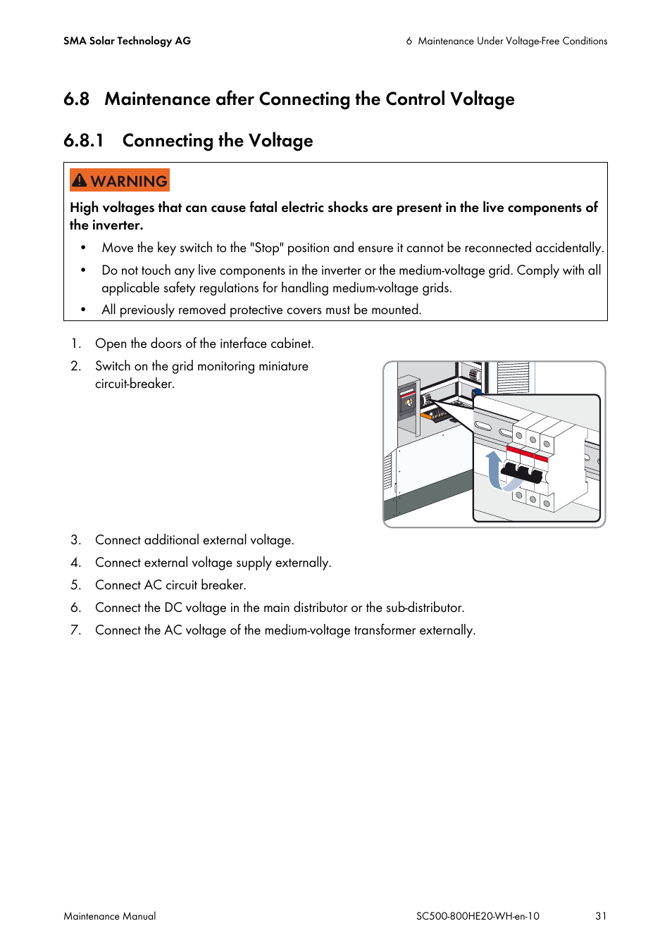 8 maintenance after connecting the control voltage, 1 connecting the voltage | SMA SC 500HE-20 Maintenance Manua User Manual | Page 31 / 60