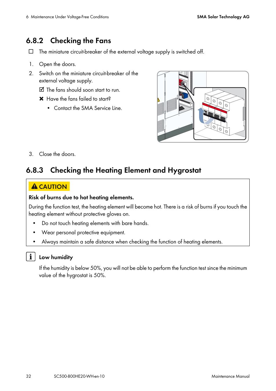 2 checking the fans, 3 checking the heating element and hygrostat | SMA SC 500HE-20 Maintenance Manua User Manual | Page 32 / 60