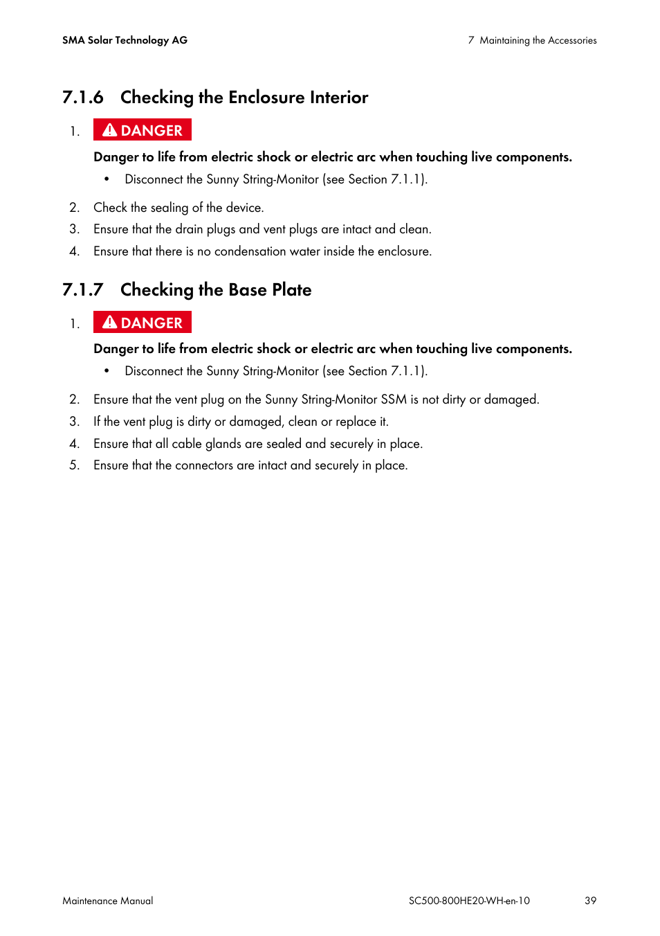 6 checking the enclosure interior, 7 checking the base plate | SMA SC 500HE-20 Maintenance Manua User Manual | Page 39 / 60