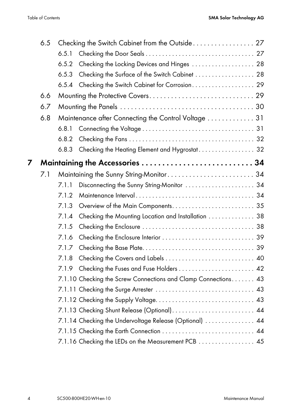 7 maintaining the accessories, 5 checking the switch cabinet from the outside, 1 maintaining the sunny string-monitor | SMA SC 500HE-20 Maintenance Manua User Manual | Page 4 / 60