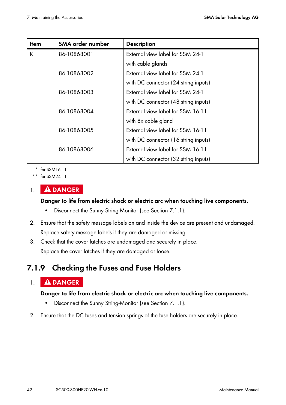 9 checking the fuses and fuse holders | SMA SC 500HE-20 Maintenance Manua User Manual | Page 42 / 60