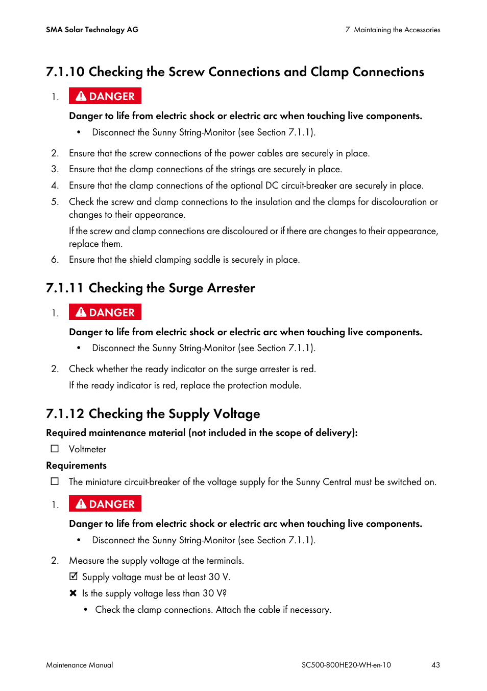 11 checking the surge arrester, 12 checking the supply voltage | SMA SC 500HE-20 Maintenance Manua User Manual | Page 43 / 60