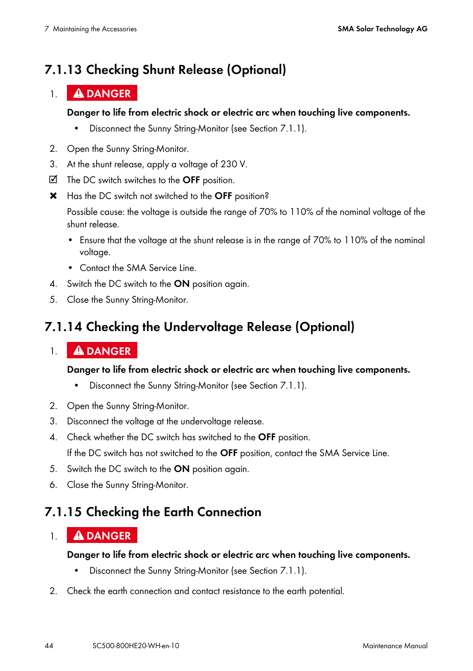 13 checking shunt release (optional), 14 checking the undervoltage release (optional), 15 checking the earth connection | SMA SC 500HE-20 Maintenance Manua User Manual | Page 44 / 60