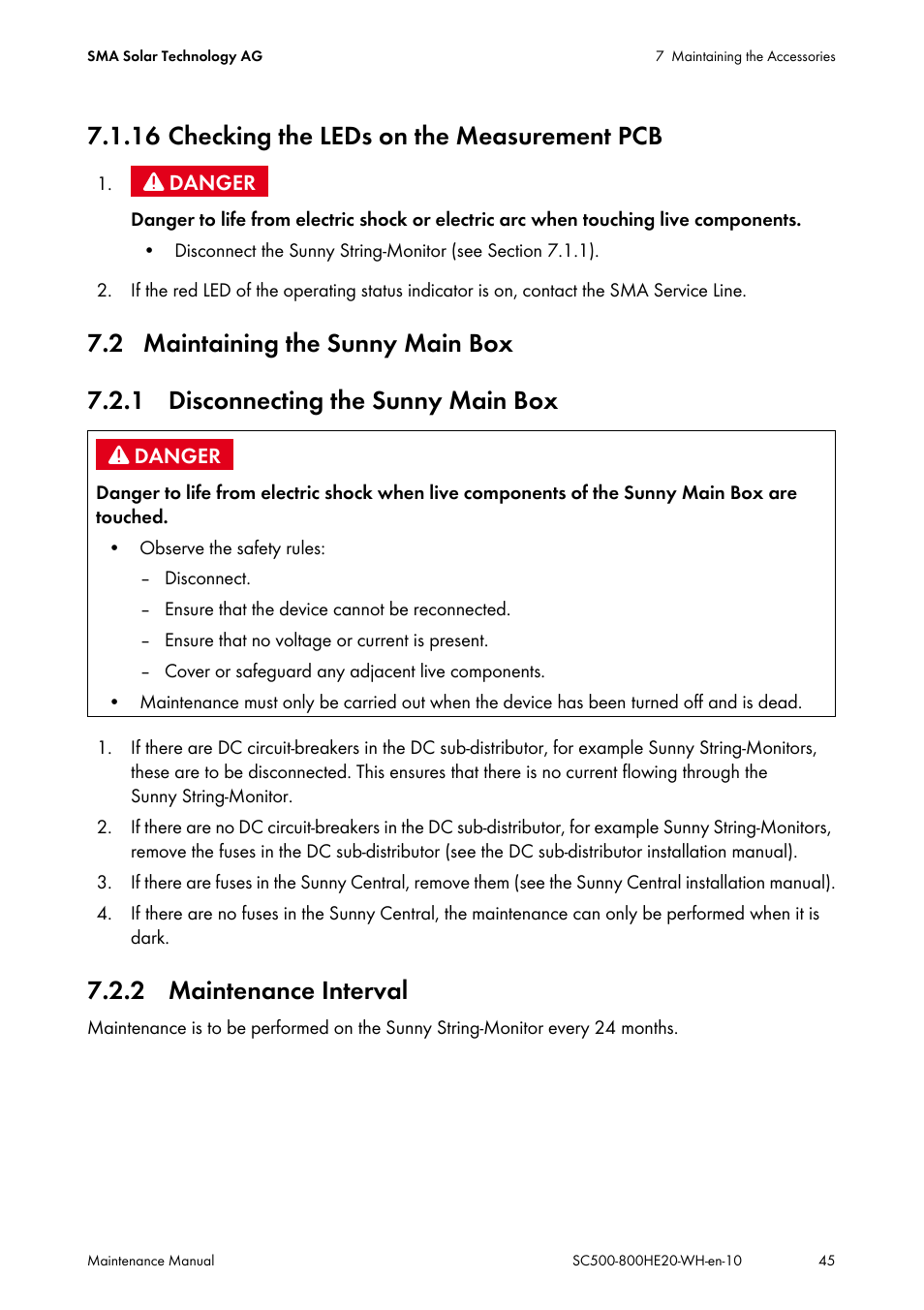 16 checking the leds on the measurement pcb, 2 maintaining the sunny main box, 1 disconnecting the sunny main box | 2 maintenance interval | SMA SC 500HE-20 Maintenance Manua User Manual | Page 45 / 60