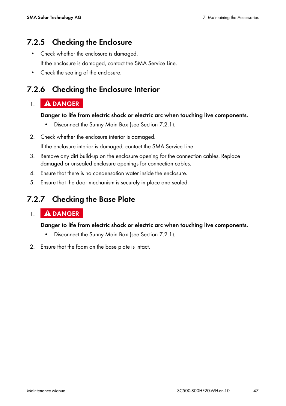 5 checking the enclosure, 6 checking the enclosure interior, 7 checking the base plate | SMA SC 500HE-20 Maintenance Manua User Manual | Page 47 / 60