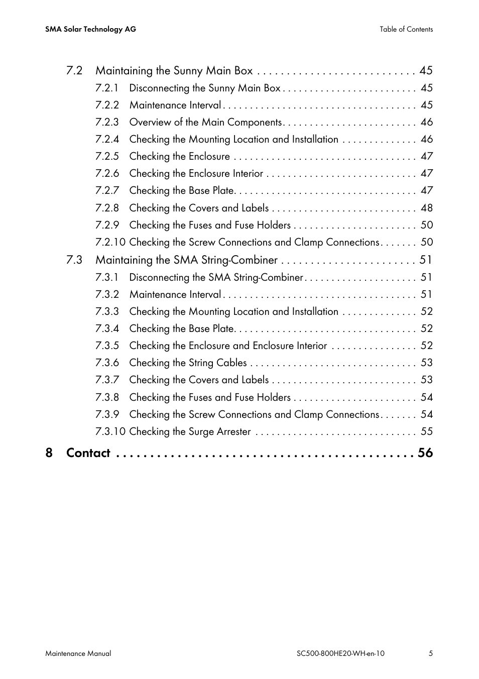 8 contact, 2 maintaining the sunny main box, 3 maintaining the sma string-combiner | SMA SC 500HE-20 Maintenance Manua User Manual | Page 5 / 60