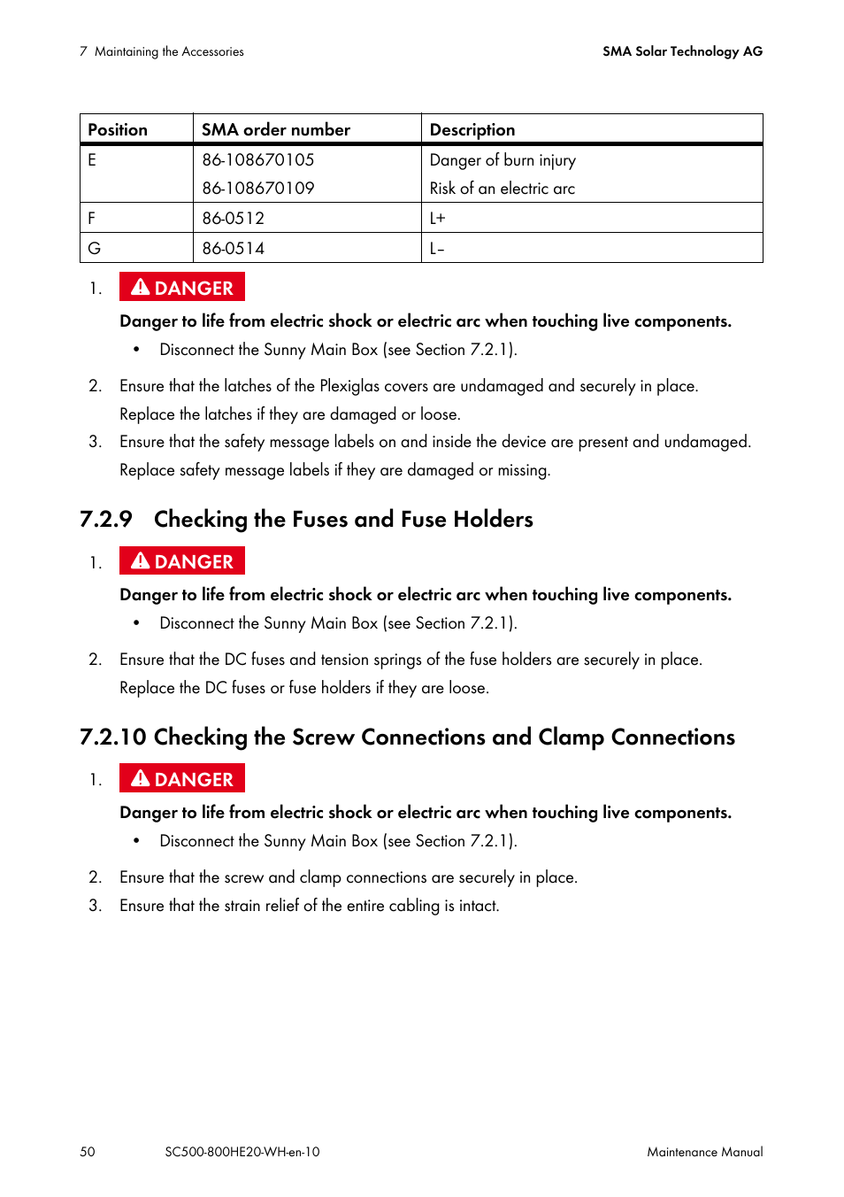 9 checking the fuses and fuse holders | SMA SC 500HE-20 Maintenance Manua User Manual | Page 50 / 60