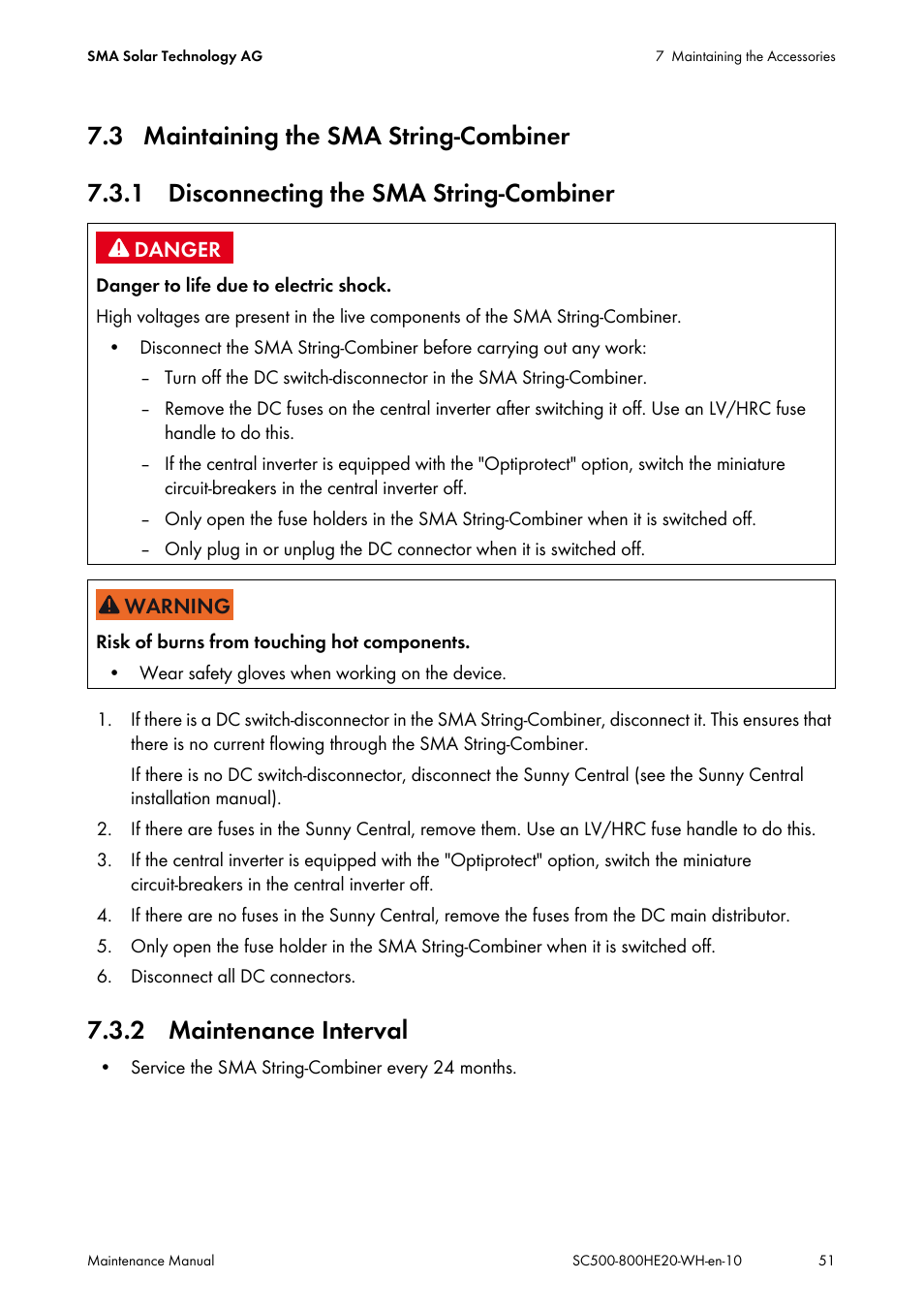 3 maintaining the sma string-combiner, 1 disconnecting the sma string-combiner, 2 maintenance interval | SMA SC 500HE-20 Maintenance Manua User Manual | Page 51 / 60