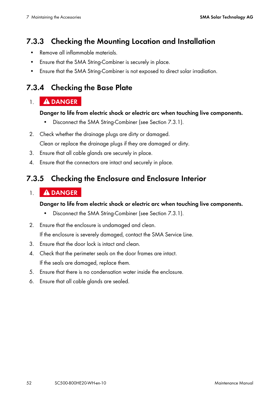 3 checking the mounting location and installation, 4 checking the base plate, 5 checking the enclosure and enclosure interior | SMA SC 500HE-20 Maintenance Manua User Manual | Page 52 / 60