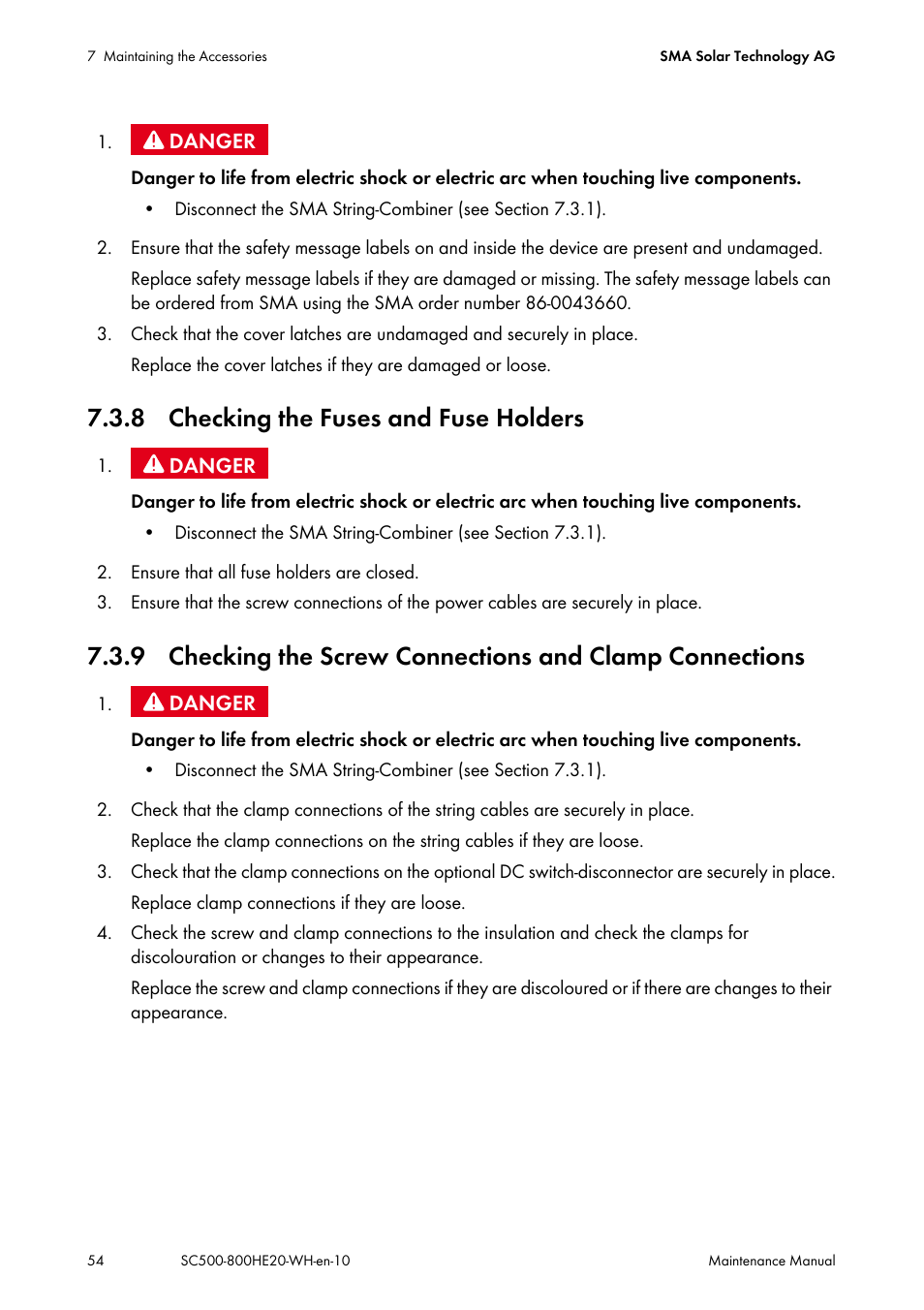 8 checking the fuses and fuse holders | SMA SC 500HE-20 Maintenance Manua User Manual | Page 54 / 60