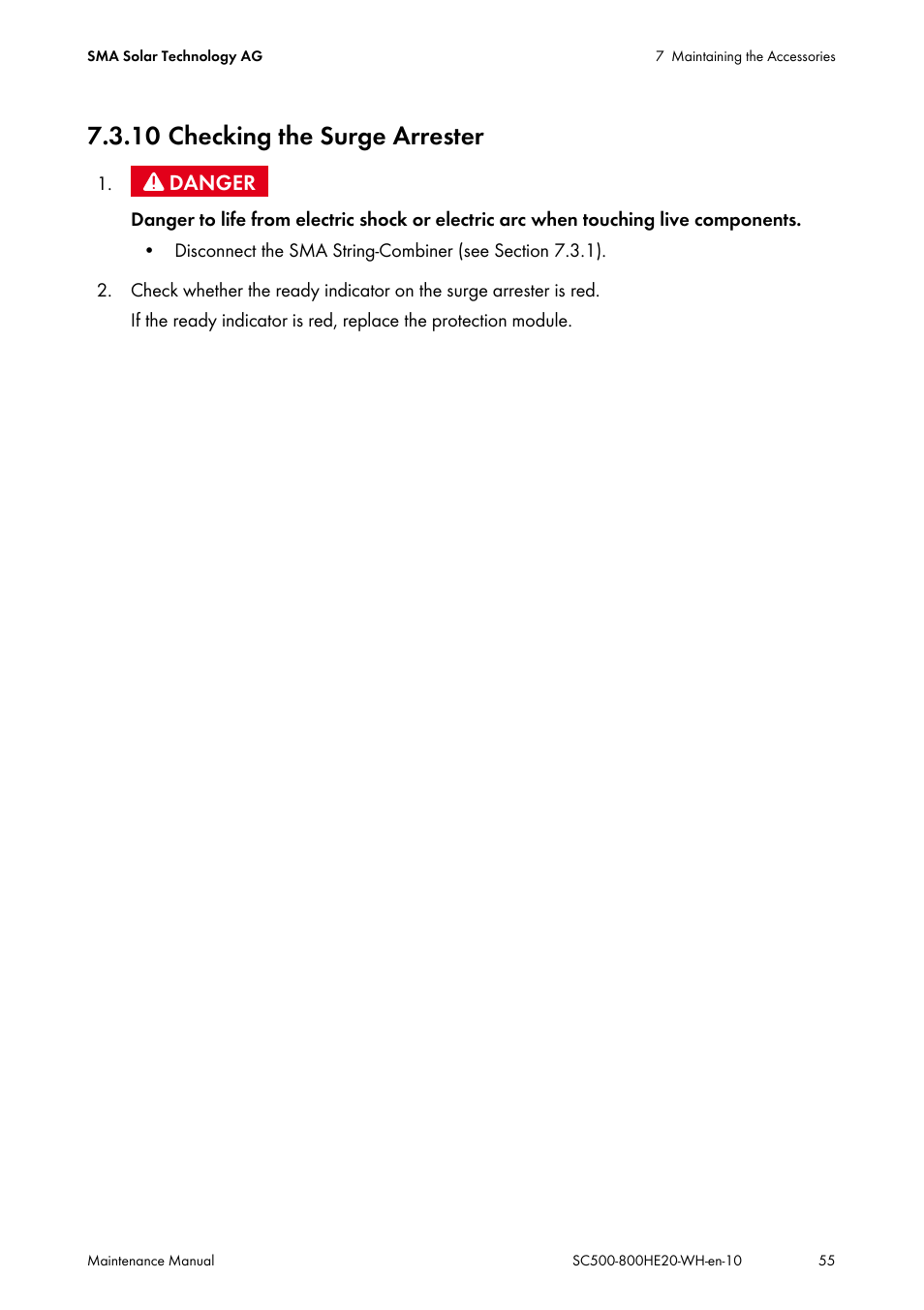 10 checking the surge arrester | SMA SC 500HE-20 Maintenance Manua User Manual | Page 55 / 60