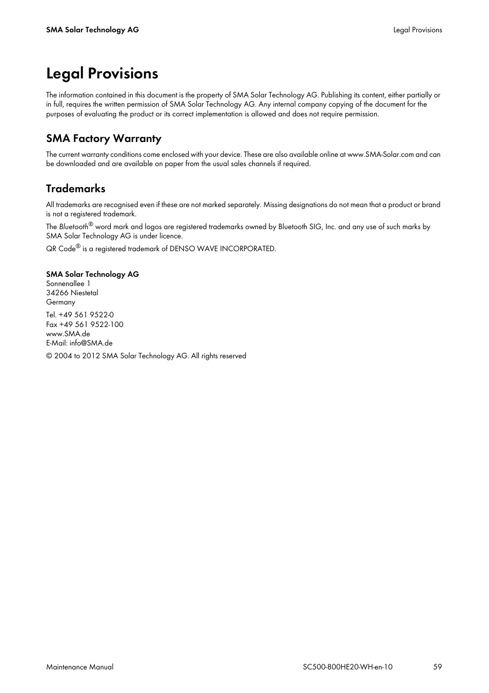 Legal provisions, Sma factory warranty, Trademarks | SMA SC 500HE-20 Maintenance Manua User Manual | Page 59 / 60