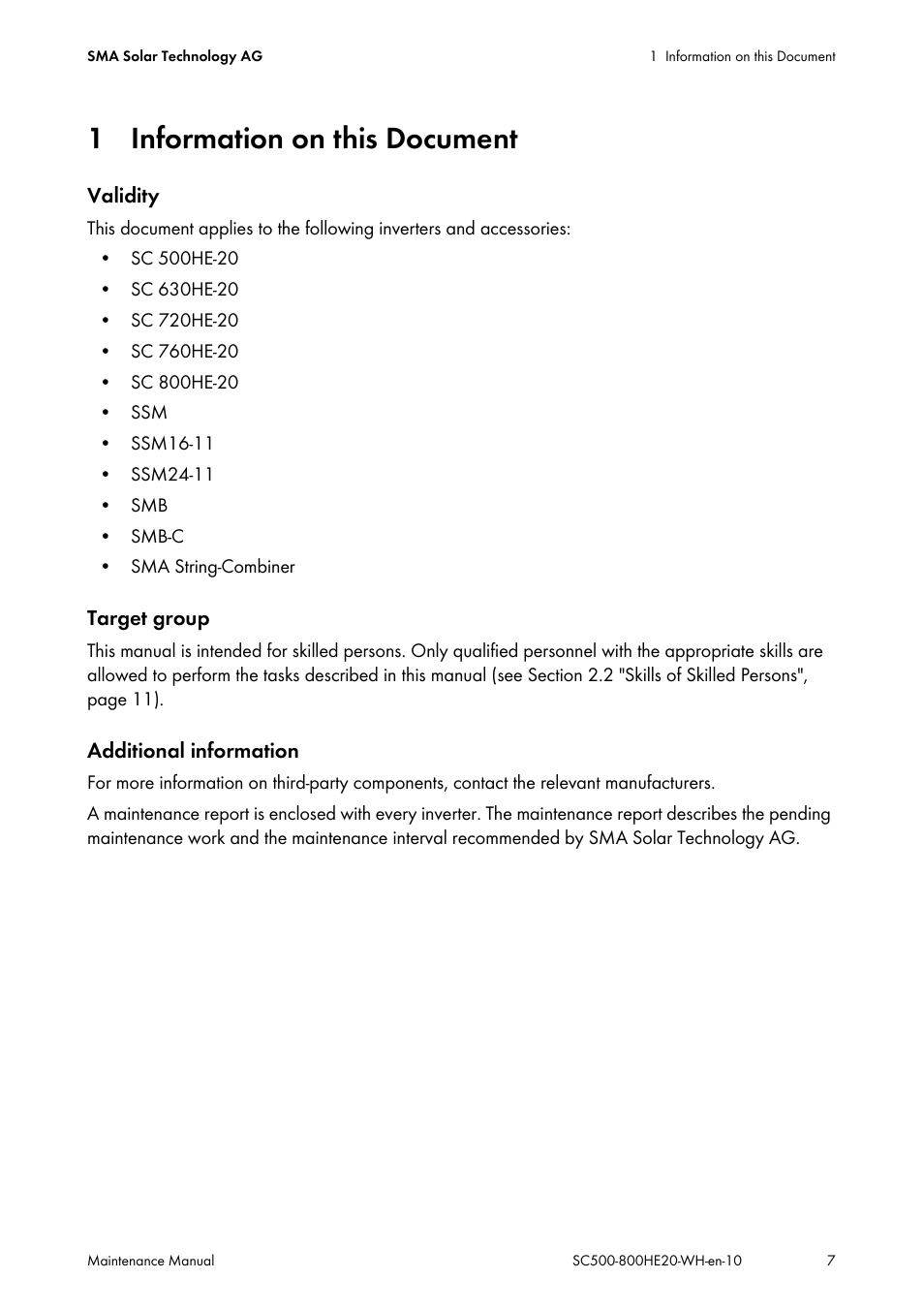 1 information on this document | SMA SC 500HE-20 Maintenance Manua User Manual | Page 7 / 60