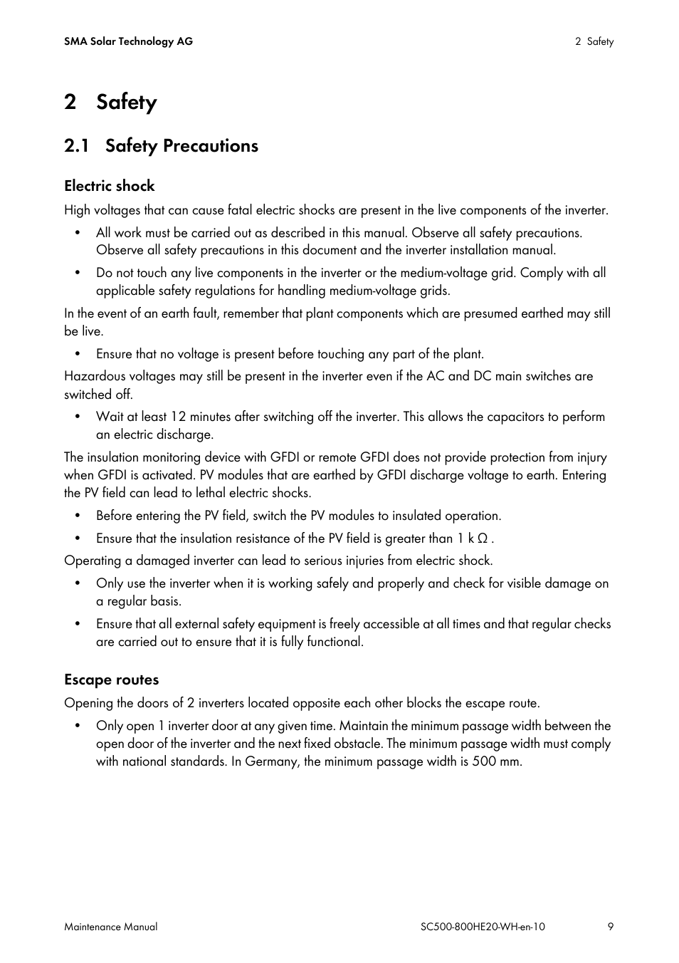 2 safety, 1 safety precautions | SMA SC 500HE-20 Maintenance Manua User Manual | Page 9 / 60