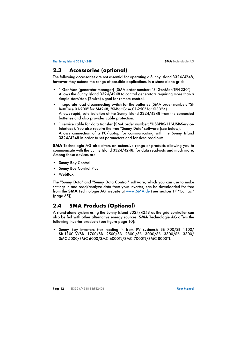 3 accessories (optional), 4 sma products (optional), Accessories (optional) | Sma products (optional) | SMA SI 3324 User Manual | Page 12 / 80