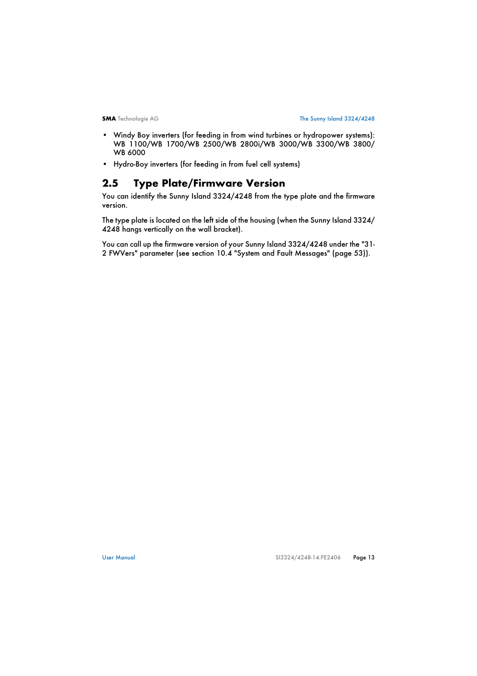 5 type plate/firmware version, Type plate/firmware version | SMA SI 3324 User Manual | Page 13 / 80