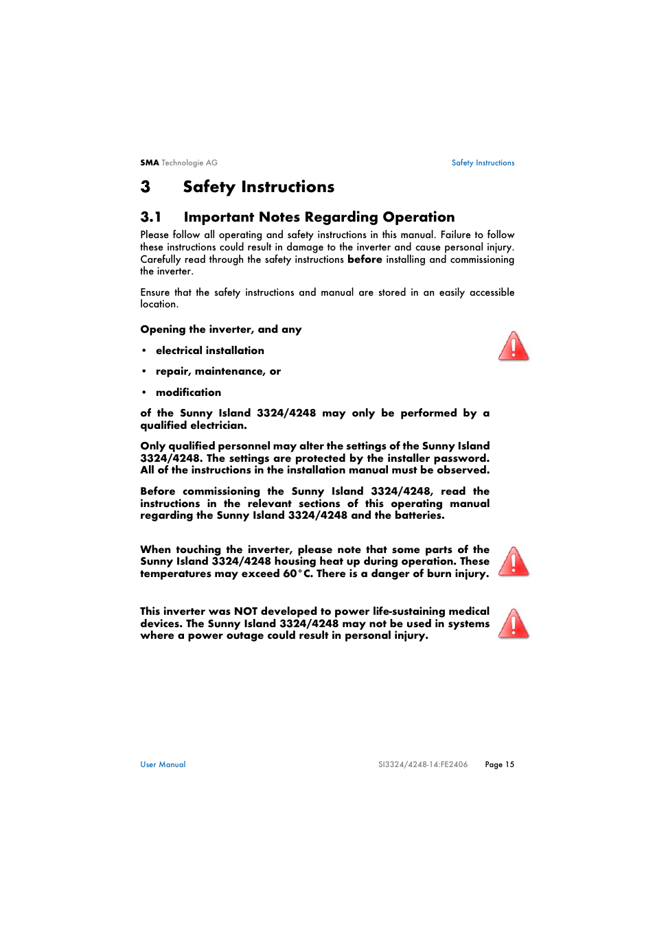 3 safety instructions, 1 important notes regarding operation, Safety instructions | Important notes regarding operation, 3safety instructions | SMA SI 3324 User Manual | Page 15 / 80