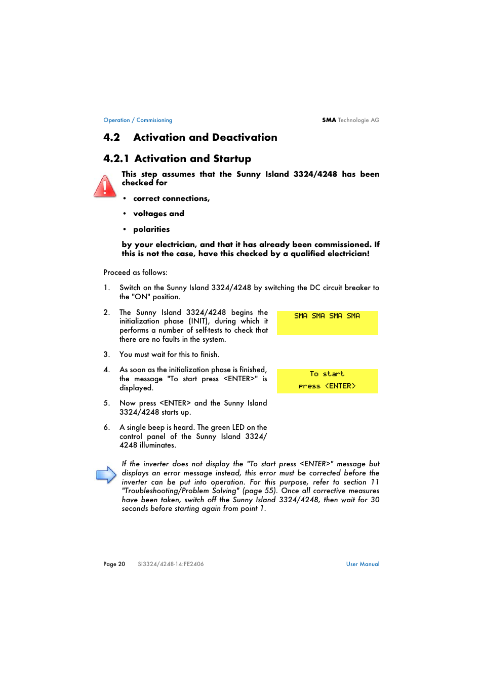 2 activation and deactivation, 1 activation and startup, Activation and deactivation | Activation and startup | SMA SI 3324 User Manual | Page 20 / 80