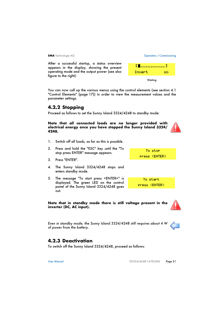 2 stopping, 3 deactivation, Stopping | Deactivation | SMA SI 3324 User Manual | Page 21 / 80