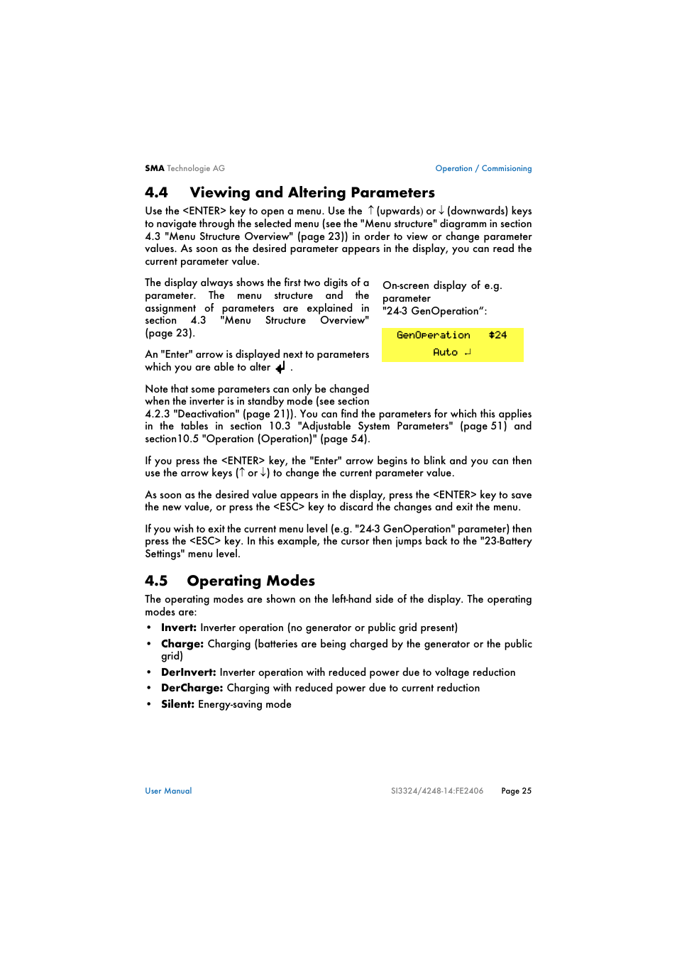4 viewing and altering parameters, 5 operating modes, Viewing and altering parameters | Operating modes | SMA SI 3324 User Manual | Page 25 / 80