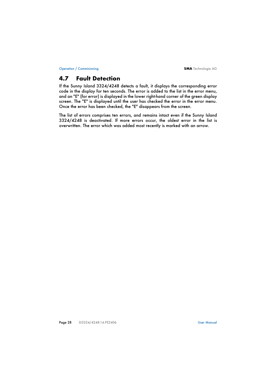 7 fault detection, Fault detection | SMA SI 3324 User Manual | Page 28 / 80