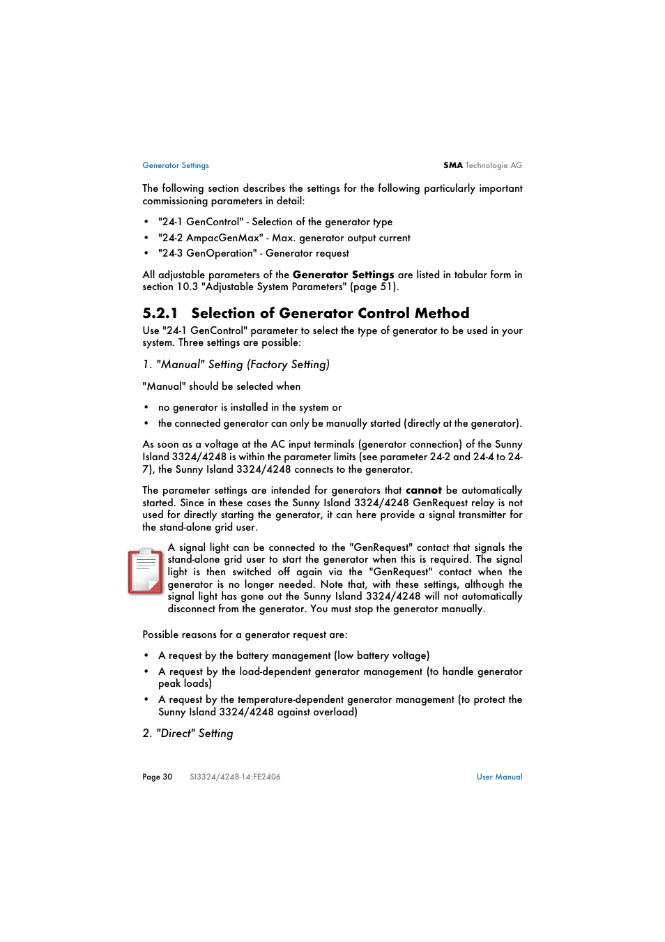 1 selection of generator control method, Selection of generator control method | SMA SI 3324 User Manual | Page 30 / 80