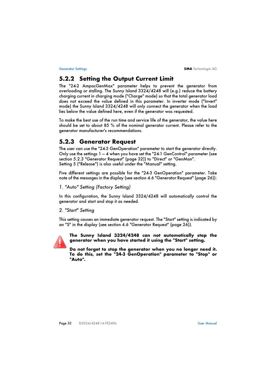 2 setting the output current limit, 3 generator request, Setting the output current limit | Generator request | SMA SI 3324 User Manual | Page 32 / 80