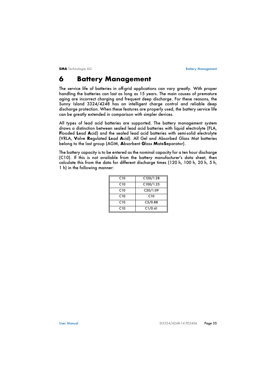 6 battery management, Battery management, 6battery management | SMA SI 3324 User Manual | Page 35 / 80