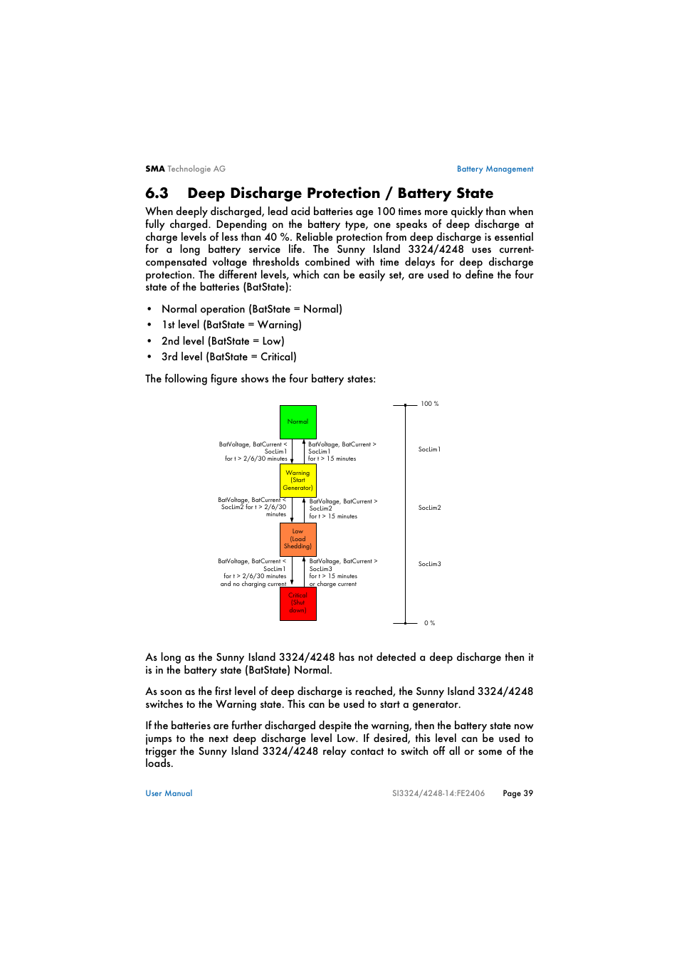 3 deep discharge protection / battery state, Deep discharge protection / battery state | SMA SI 3324 User Manual | Page 39 / 80