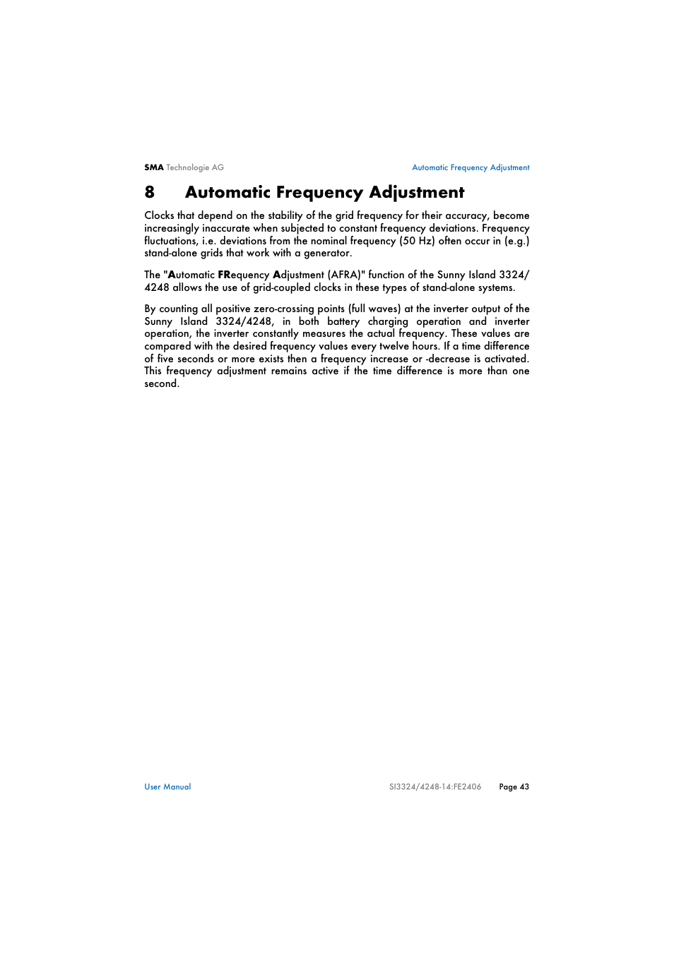 8 automatic frequency adjustment, Automatic frequency adjustment, 8automatic frequency adjustment | SMA SI 3324 User Manual | Page 43 / 80