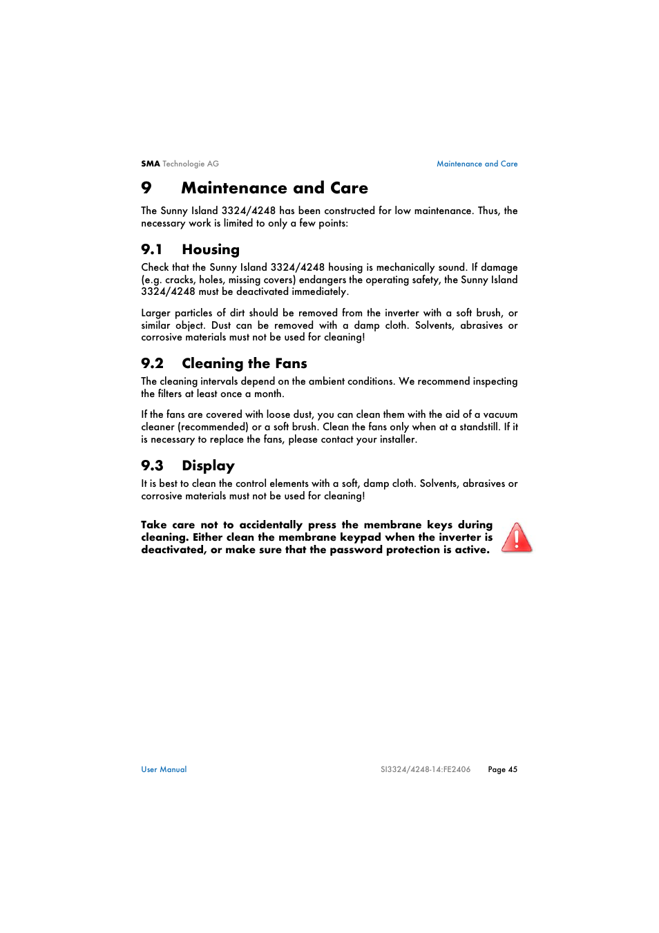 9 maintenance and care, 1 housing, 2 cleaning the fans | 3 display, Maintenance and care, Housing, Cleaning the fans, Display, 9maintenance and care | SMA SI 3324 User Manual | Page 45 / 80