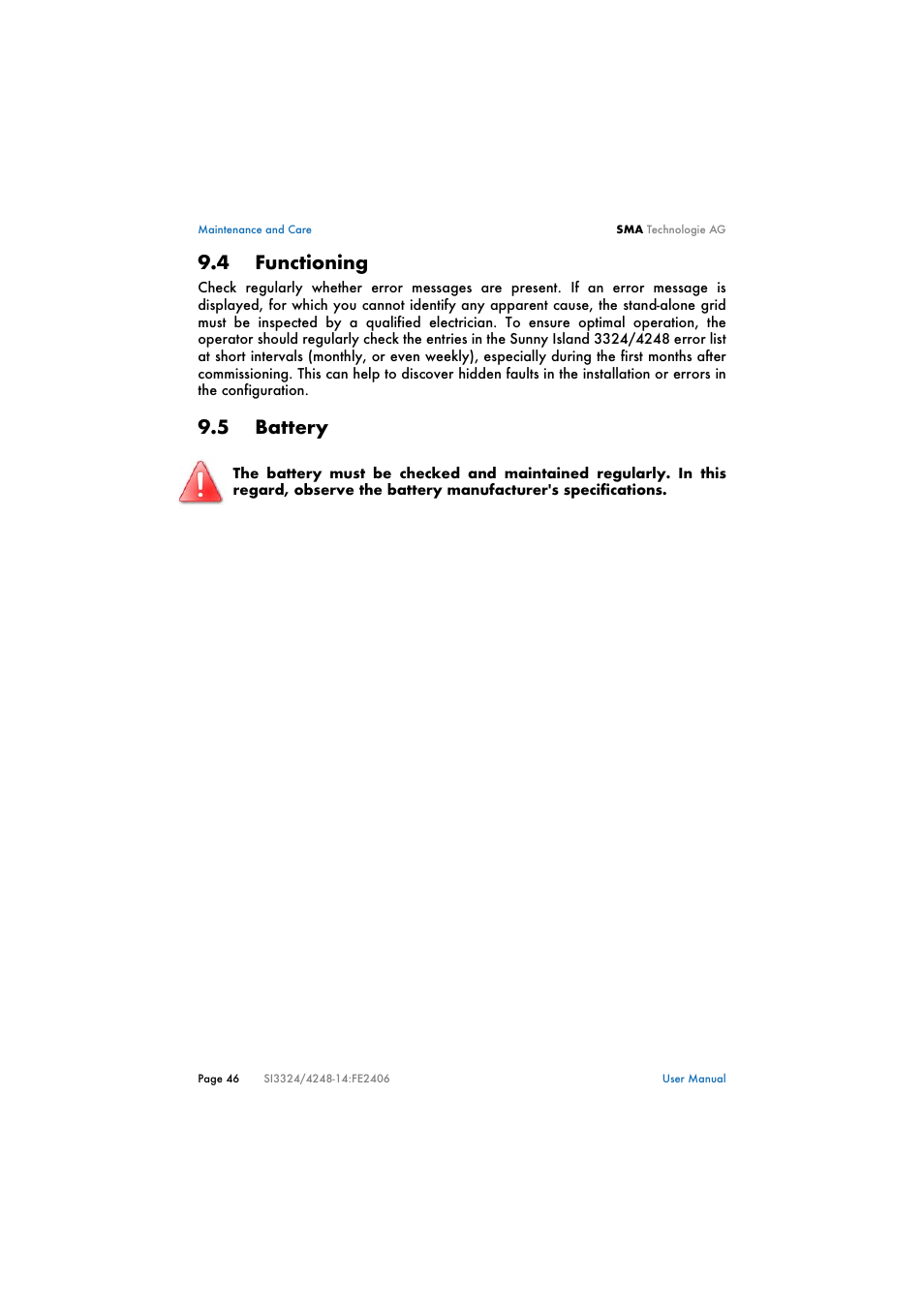 4 functioning, 5 battery, Functioning | Battery | SMA SI 3324 User Manual | Page 46 / 80