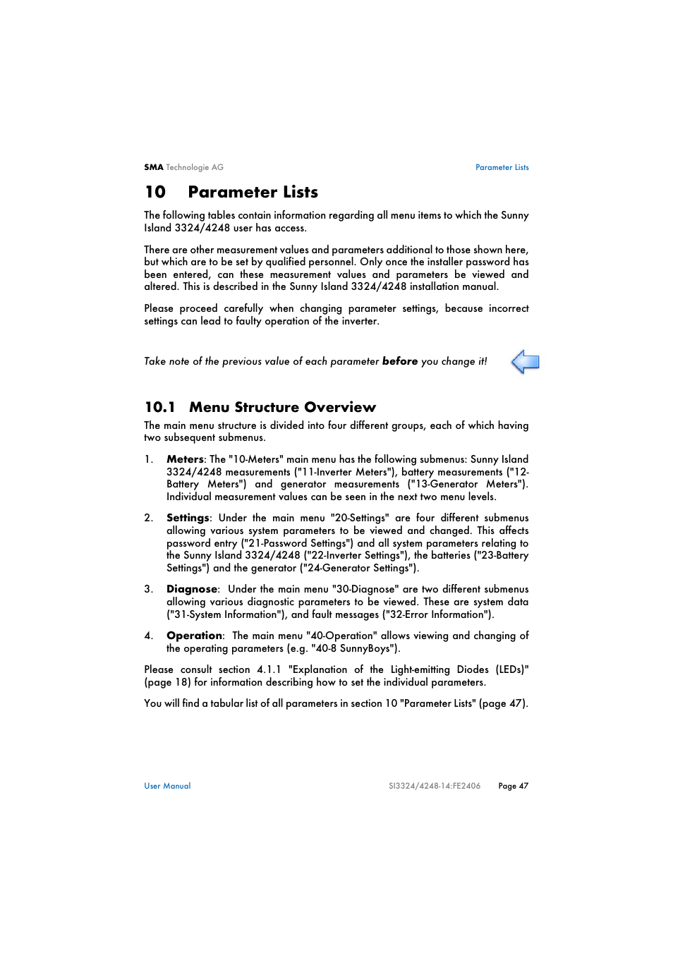 10 parameter lists, 1 menu structure overview, Parameter lists | Menu structure overview | SMA SI 3324 User Manual | Page 47 / 80