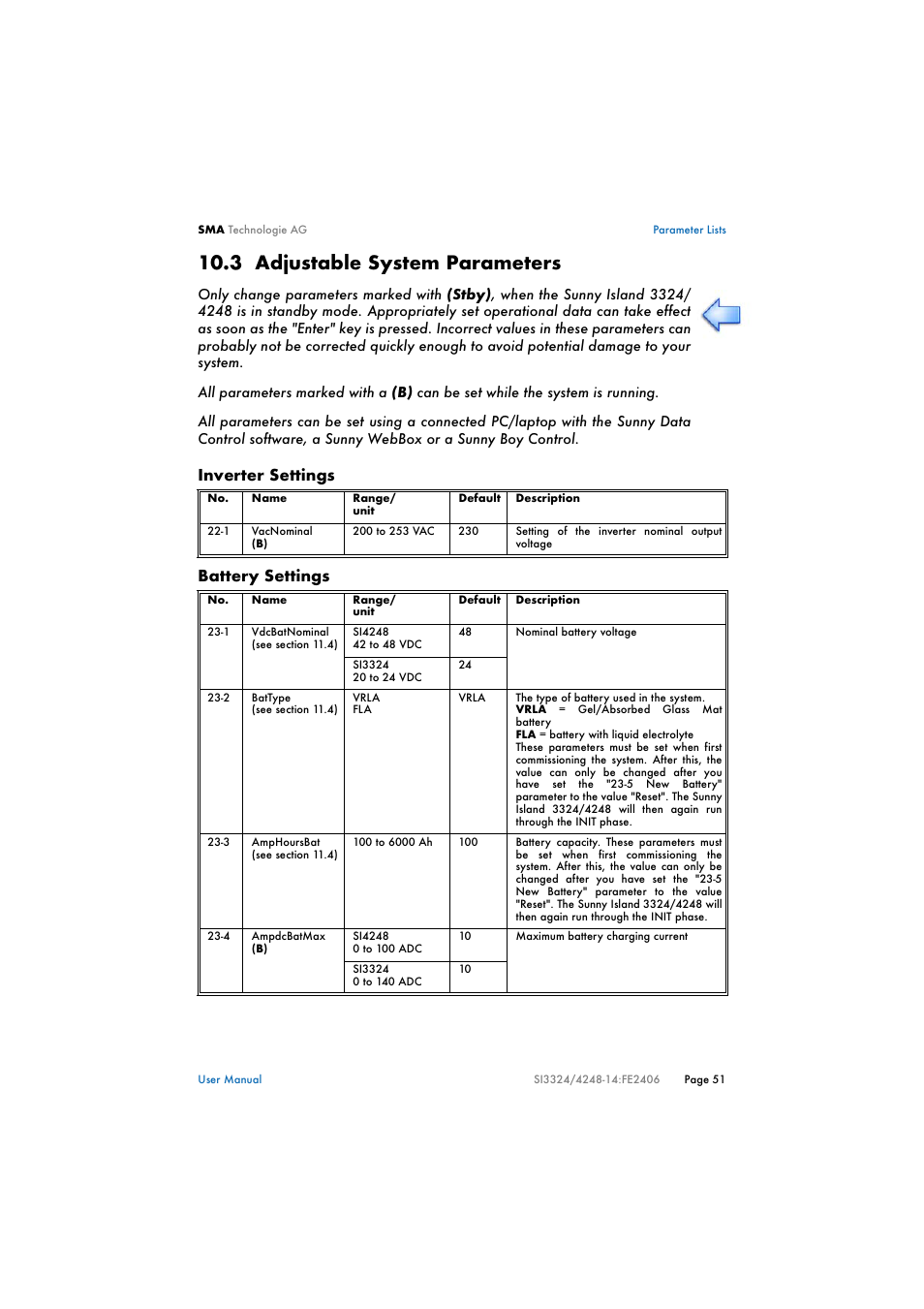 3 adjustable system parameters, Adjustable system parameters, Inverter settings battery settings | SMA SI 3324 User Manual | Page 51 / 80