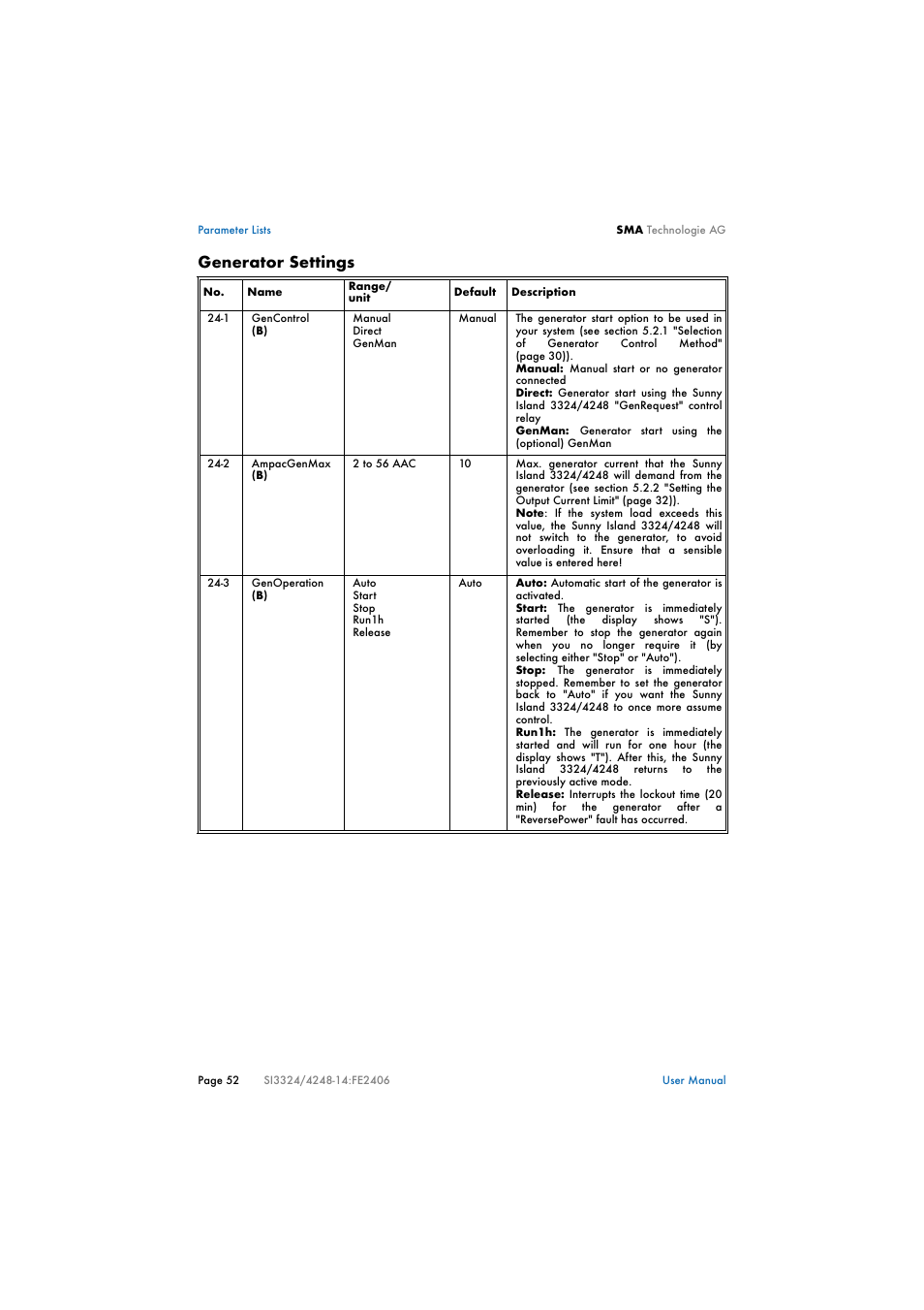 Generator settings | SMA SI 3324 User Manual | Page 52 / 80