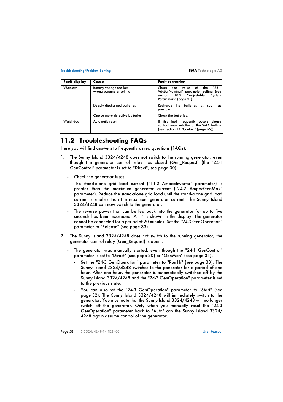 2 troubleshooting faqs, Troubleshooting faqs, 2 "troubleshooting faqs" (p 58) | SMA SI 3324 User Manual | Page 58 / 80